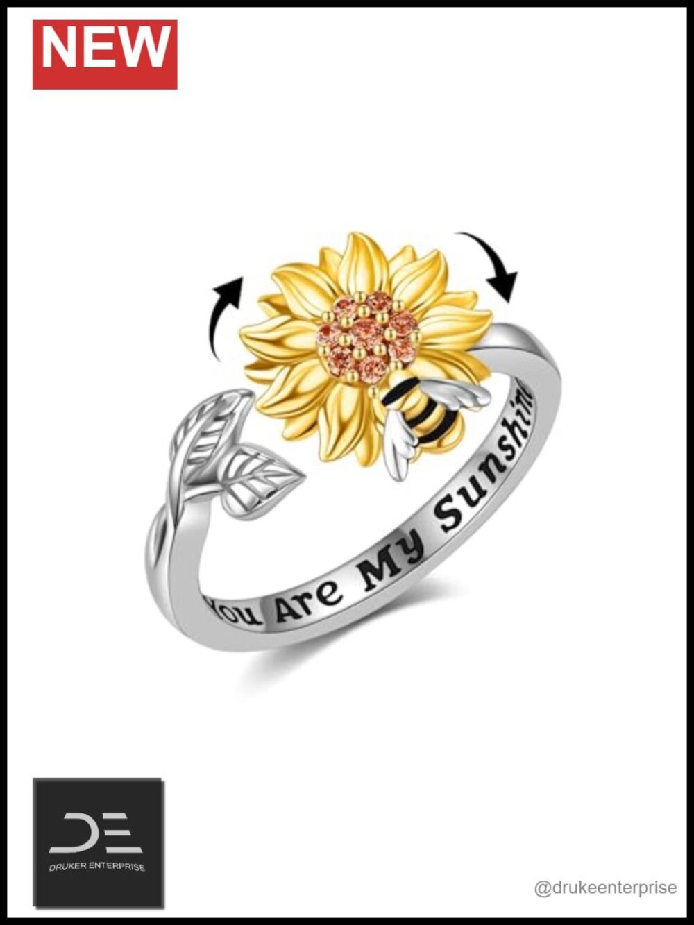 Sunflower Fidget Ring 925 Sterling Silver Spinner Ring Adjustable Stress